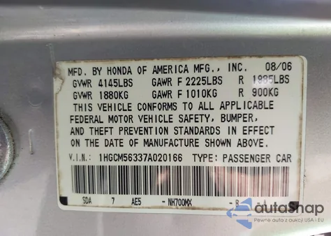 2007 Honda Accord 2.4 Se from USA, damaged, VIN 1HGCM56337A020166